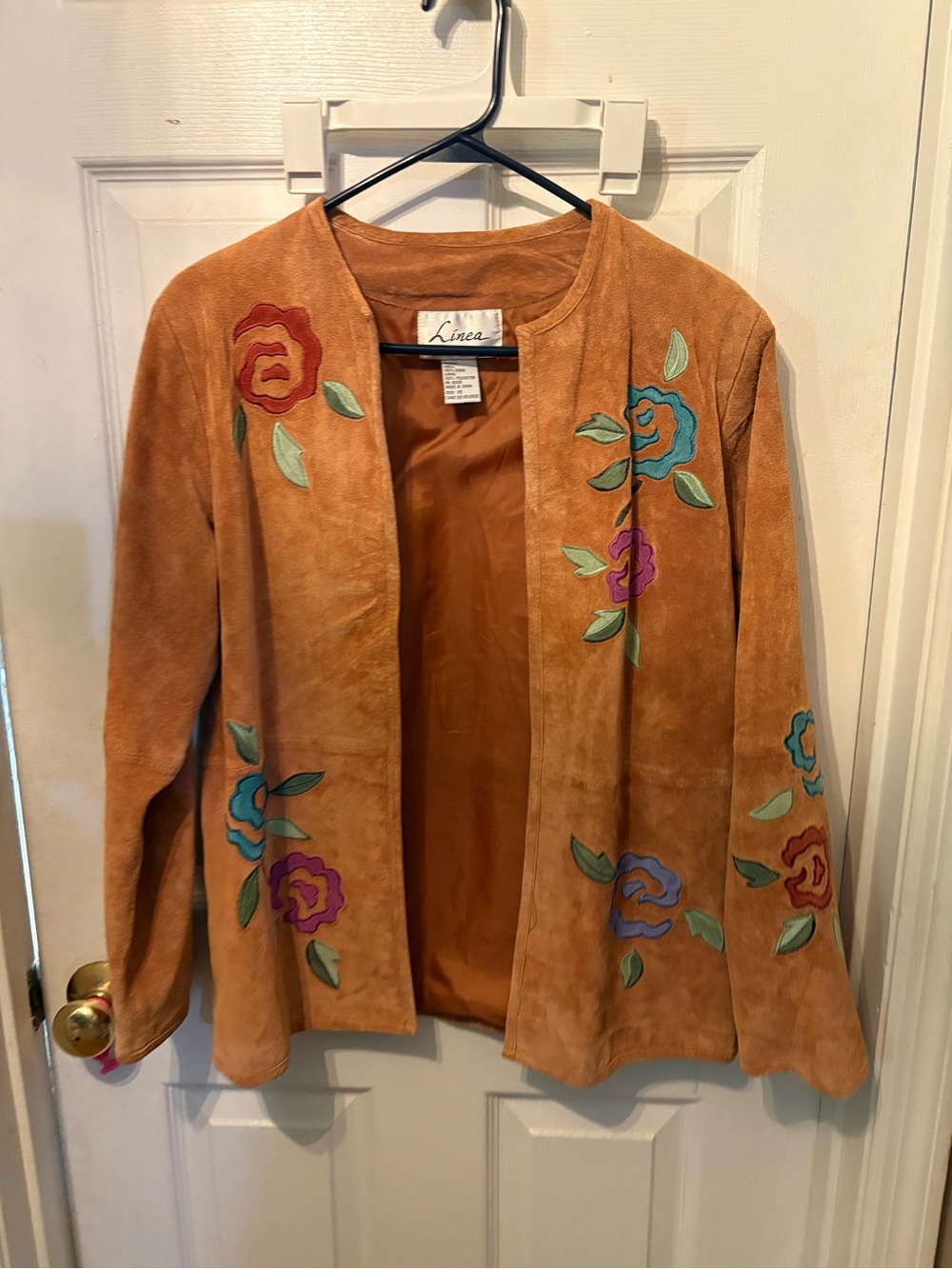 Linea Donatella Tan Suede Open Floral Embroidered Jacket